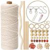 HanCheng Corda Macrame da 3mm x 100m, Kit Completo con 120 Accessori: Perline, Bastoncini, Anelli in Legno, Portachiavi e Cerchio Metallo.