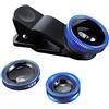 Leuchtbox Set di obiettivi 3 in 1 per cellulare, adattatore per fotocamera clip-on per smartphone, obiettivo fisheye (lente fisheye 180°) + grandangolo (0,67x wide) + obiettivo macro (10x) - (blu)