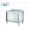 Tavolo armadio inox con porte scorrevoli e alzatina, profondo cm 60, dimensioni mm. 1400x600x950h