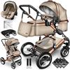 KIDUKU® 3 in 1 Passeggino Completo Trio | Passeggino Sistema Combinato con Navicella Ovetto Seggiolino Auto Coprigambe | Pneumatici in Gomma Dura Borsa Fasciatoio Tavolo per Bambini ECE R129