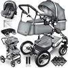 KIDUKU® 3 in 1 Passeggino Completo Trio | Passeggino Sistema Combinato con Navicella Ovetto Seggiolino Auto Coprigambe | Pneumatici in Gomma Dura Borsa Fasciatoio Tavolo per Bambini ECE R129