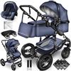KIDUKU® 3 in 1 Passeggino Completo Trio | Passeggino Sistema Combinato con Navicella Ovetto Seggiolino Auto Coprigambe | Pneumatici in Gomma Dura Borsa Fasciatoio Tavolo per Bambini ECE R129