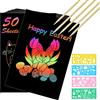 Vicloon Scratch Art, 50Pcs Scratch Art Paper per Bambini, Blocco da Disegno Arcobaleno Paper Set, Arcobaleno da Grattare Regali per Bambini con 5 Stilo in Legno e 4 Righelli Modello