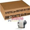 10 ROTOLI ETICHETTE ADESIVE COMPATIBILE BROTHER DK-11202 62x100 MM PER QL 500 550 560 570 580N 650TD 700 710 720 1050 1060N SUPPORTO INCLUSO - NO-NAME