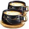 VETIN Set 2 Tazze da cappuccino con piattino, tazza in marmo, tazzine da caffè in porcellana da 300 ml per tè caffè cappuccino, tazze da caffè con disco in legno (Nero*2)