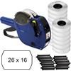 Markin Kit Prezzatrice professionale 2 righe, 10+10 caratteri, 16 Rotoli carta bianca 26x16 mm rimovibile 8 rullini inchiostro nero.