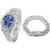 HALUKAKAH Diamanti Orologio Oro, Uomo Placcato Oro Bianco Platino 42MM Largo Blu Componi Quarzo Cinturino 24cm con Link Cubano Catena 20cm Bracciale Set, con Scatola Regalo