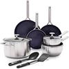 Blue Diamond Cookware Triple Steel Set Di Pentole Antiaderente in Acciaio Inox in Ceramica Rinforzata con Diamanti,11 Pezzi,Include Padella,Senza PFAS,Multistrato,Induzione,Forno,Lavastoviglie,Argento