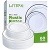 LATERN 60 Pezzi Stoviglie di Plastica D'argento, 30 Piatti Piani da 26cm + 30 Piatti per Insalata da 19cm, Piatti di Plastica Riutilizzabili per Festa di Dessert Giardino Anniversario Matrimonio