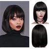 IFLY Human Hair Straight Short Bob Wigs with Bangs Parrucca Capelli Umani 8 Inch Brazilian Virgin Human Hair None Lace Front Wigs Bob Wigs for Black Women Glueless Natural Black Colour
