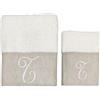 BIANCOPERLA Set Asciugamano con Ospite, Balza in Lino e Iniziale Ricamata, 100% Cotone (Lettera T)