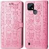 JIUNINE Cover Realme C21Y / Realme C25Y, Custodia Libro in Pelle Portafoglio Flip Case Antiurto con Modello di Cane e Gatto [Porta Carte] [Magnetica] [Interno TPU] per Realme C21Y, Rosa