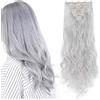 SEGO 60cm Clip Extension Capelli Mossi Grigi Synthetic Hair Lunghi 140g Full Head a 8 Fasce con 18 Clip - Grigio Argento
