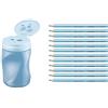 STABILO, Temperamatite Ergonomico - EASYtemperino per Destrimani - Azzurro + Matita colorata triangolare - STABILO Trio thick - Confezione da 12 - Blu Cielo