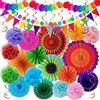 Huryfox Festoni Decorazioni per Feste, Compleanno e Carnevale - 33 Pezzi Addobbi Festa Messicana Party Con Carta Colorate Ventagli di Carta Appesi, Pompon, Nastri di Tessuto e Ghirlande di Bandierine