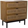 DRW Cassettiera con 3 cassetti in Legno MDF, Vimini e Metallo in Naturale e Nero 80x35x80cm, estandar