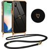 Vauki Cover con Cordino per iPhone XS/X, Carina Motivo Cuore Custodia con Collana, Antiurto Ultra silicone TPU Morbida e Sottile Catena per Cellulare Case per iPhone XS 5.8, Nero