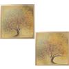 DRW Set di 2 Quadri Quadrati in Legno con Alberi con Gocce Dorate 60 x 60 cm, Multicolore, estandar