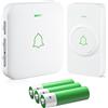 AVANTEK Kabellose Türklingel Batteriebetrieben Weiß, Mini Funkklingel 300M, IP55 Wasserdicht Elektronische Türglocken, 52 Melodien auf 5 Stufen Volumes mit LED Anzeige, WA-11