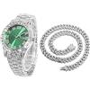 HALUKAKAH Diamanti Orologio Oro, Uomo Placcato Oro Bianco Platino 42MM Largo Verde Componi Quarzo Cinturino 24cm con Link Cubano Catena 45cm Collana Set, con Scatola Regalo