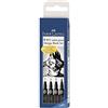 Faber-Castell 167132 Set Pennarelli Nero, Astuccio con 4 Pennarelli, tra cui Punte Fini e Punte a Pennello in Nero, per Disegno di Precisione o Manga