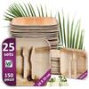 Waipur Set Piatti in Foglia di Palma e Posate in Legno - 25 Grandi, 25 Dessert, 50 Forchette, 25 Coltelli, 25 Cucchiai - Stoviglie usa e getta Biodegradabili Eleganti - Compostabili - Como Bamboo