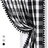 Treatmentex Tende con pompon per soggiorno, 228.6 cm di lunghezza, in bianco e nero, motivo a scacchi, tende semi-trasparenti a matita plissettate in lino, 101.6 cm di larghezza, 2 pezzi