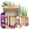 Waipur Set Piatti in Foglia di Palma e Posate in Legno - 200 Grandi, 200 Dessert, 400 Forchette, 200 Coltelli, 200 Cucchiai - Stoviglie Monouso Biodegradabili - Eleganti e Compostabili - Como Bambu