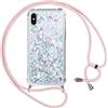 Vauki Cover per iPhone XS/X con Cordino,Trasparente Glitter Liquido Antiurto Brillantini Tracolla Custodia,Silicone Bumper Laccio Sabbie Donna Protettivo Case per iPhone XS,Argento
