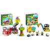 LEGO 10969 DUPLO Town Autopompa, Camion Giocattolo dei Pompieri con Luci e Sirena, Figure di Vigile del Fuoco e Gatto, Giochi per Bambini dai 2 anni & DUPLO Town Camion e Scavatrice Cingolata