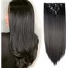 S-noilite Set 8pcs Clip in Hair Extensions Extension Clip Capelli Veri Testa Piena 18Clips Parrucchino 58cm Dritto Nero scuro