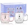 SHENDONG Set di 2 tazze con orsetto carino tazza da tè e caffè con manico da 241 ml, doppia parete in vetro isolato, regalo per compleanno, San Valentino e ufficio (Rosa bianco)