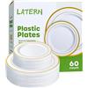 LATERN 60 Pezzi Stoviglie in Plastica Dorata, 30 Piatti Piani da 26cm + 30 Piatti per Insalata da 19cm, Piatti di Plastica Riutilizzabili per Festa di Dessert Giardino Anniversario Matrimonio