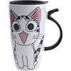 lachineuse - Tazza gatto Kawaii Happy 600 ml - Tazza grande XXL bianca in porcellana - Tazza giapponese per tè e caffè - Con coperchio isotermico - Lucky Cat - Tazza idea regalo Giappone Asia - Tazza
