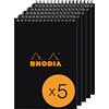 RHODIA 165019Cpack - Bloc-Notes a Spirale (Rilegatura integrale) NERO - A5 - a righe - 80 fogli staccabili - Carta Clairefontaine Bianca 80g/m² -copertina in carta trattata- Confezione da 5 blocchi