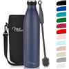 Milu - Thermo in acciaio inox da 350/500/750/1000ml/1,5L borraccia termica, a prova di perdite, a doppia parete, adatta per bevande gassate, con spazzola per la pulizia (Blu marino, 750ml)