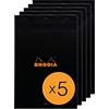 RHODIA 196009Cpack - Bloc-Notes a punto metallico N°19 Black - A4+ - a righe - 80 fogli staccabili - Carta Clairefontaine Bianca 80g/m² -copertina in carta trattata- Confezione da 5 blocchi