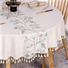 SUCHDECO Tovaglia Rotonda 140 cm in Cotone Lino Antimacchia Antipolvere Lavabile Beige con Foglie Ricamate Verdi, Nappe per Cucina, Sala da Pranzo, Feste, Tavolino