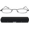 Mini Brille - Mini Occhiali da Lettura Leggeri, Montatura in Acciaio (Nero), in Omaggio Custodia Compatta in Alluminio, Occhiali Lettura Tascabili Uomo e Donna Diottrie + 1.5