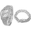 HALUKAKAH Diamanti Orologio Oro, Uomo Placcato Oro Bianco Platino 42MM Largo Tondo Componi Quarzo Cinturino 24cm con Link Cubano Catena 20cm Bracciale Set, con Scatola Regalo