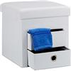Relaxdays Pouf Contenitore Pieghevole, Scomparto Interno, 2 Cassetti Rimovibili, Cubo, finta pelle, Bianco, H X L X P: 38 x 38 x 38 cm