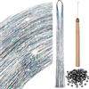 BBTO Kit di 200 Ciocche di Tinsel per Capelli con Strumenti Orpelli con Glitter per Extension dei Capelli Accessori per Estensione di Capelli per Intrecciare Capelli da Donna(Argento)