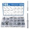 KEESIN Kit di 740 rivetti ciechi in alluminio in 15 misure, 6,4 mm/6 mm/5 mm/4 mm/3,2 mm, rivetti ciechi in alluminio a testa a cupola, rivetti a punta aperta, rivetti per mobili, macchinari e