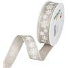 Halbach Seidenbänder Nastro natalizio in lino, 25 mm x 15 m, per confezionare regali, con stelle di neve, con bordi in filo metallico, 955, colore: bianco