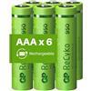 GP RECYKO - Confezione da 6 Batterie Ricaricabili AAA ad Alta Capacità 950 mAh - Pile Ricaricabili Ministilo AAA LR3 da 1,2V NiMH - Precaricate
