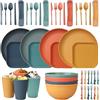 CSYY Set di stoviglie infrangibili per 4 persone, set di piatti e ciotole in plastica Set di stoviglie riutilizzabili, set da tavola 4 piatti piani,4 piatti da dessert,4 ciotole,4 tazze,16 set di posate