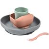 BÉABA, Set Pappa in Silicone, 4 Pezzi, Piatto + Scodella + Ciotola + Cucchiaino Svezzamento, Antiscivolo, con Ventosa, Per Bambini e Neonato, grigio Minerale
