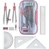 Linex Set geometria matematica con custodia trasparente - Kit per esami da 10 pezzi rosa con bussola, goniometro, righello, set quadrati e gomma
