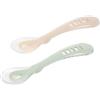 BÉABA - Cucchiaio in silicone per Bebè e 2a infanzia - Cucchiaino Svezzamento - Set di 2 - Con custodia di trasporto - grigio e verde