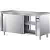 Ristotecno Tavolo armadiato CALDO passante con scorrevoli su 2 lati, senza alzatina posteriore. Prof. 70 - 190x70x85H - SENZA ruote - AISI 430